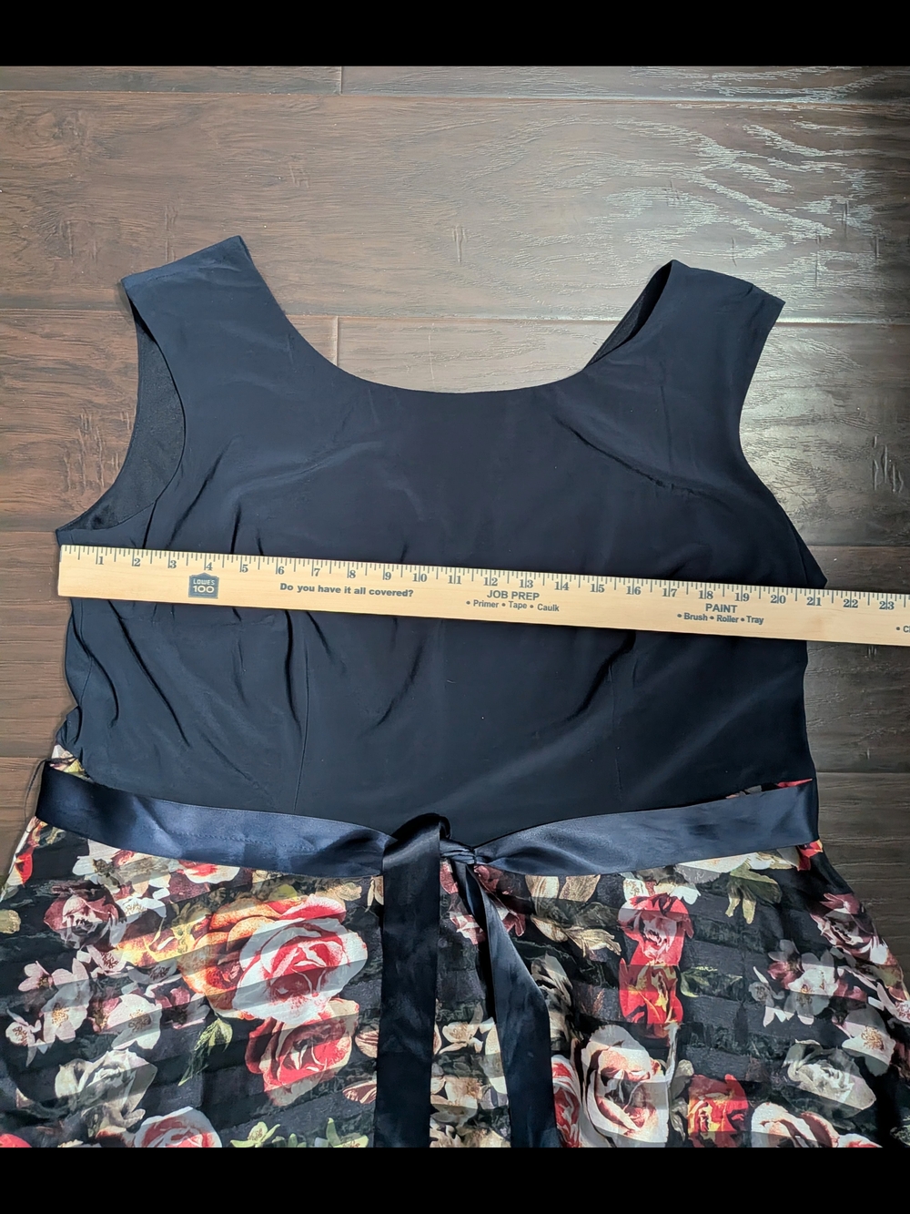 Navy Blue Floral Satin Belt Dress - Picture 9 of 11